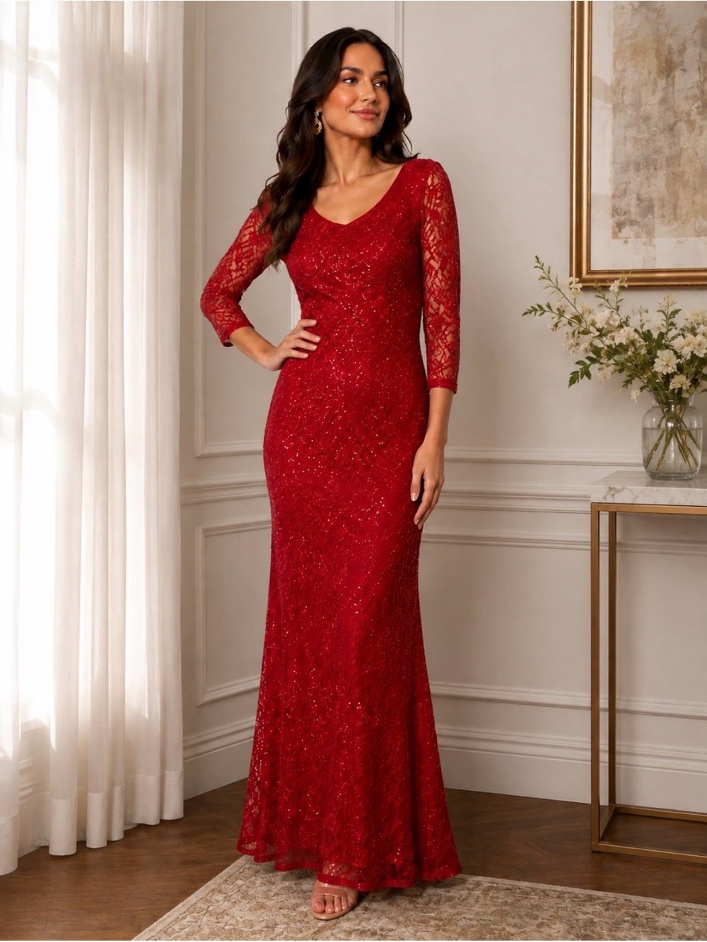 Marina red beaded sequined cocktail party Prom maxi dress 8